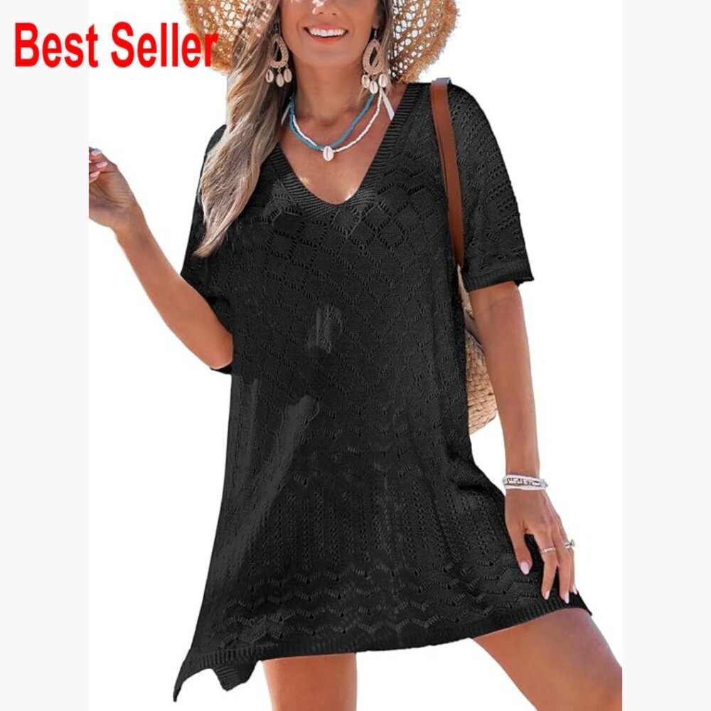 Crochet Hollow Out Beach Cover Up Dress V Neck Loose Fit